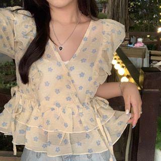 V-neck Ruffle Trim Floral Short-sleeve Top Almond - One Size