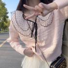 Long-sleeve Layered Collar Knit Top / Irregular Mini A-line Mesh Skirt