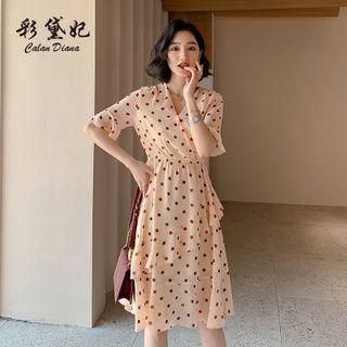 Dotted Short-sleeve Ruffle Trim Midi A-line Dress