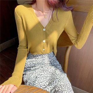 V-neck Cropped Cardigan / Leopard Print Midi Mermaid Skirt