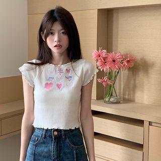 Short-sleeve Embroidered Lettuce Edge Knit Top