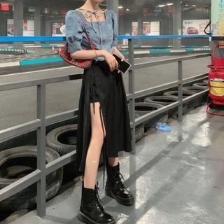 Balloon-sleeve Denim Blouse / Midi A-line Slit Skirt