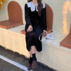 Long-sleeve Eyelet Lace Collar Midi Shift Dress Black - One Size