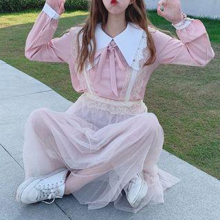 Lace Peter Pan Collar Blouse / Mesh Pleated Midi Skirt