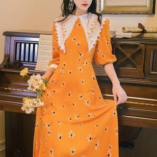 Long-sleeve Floral Print Lace Collar Midi Dress