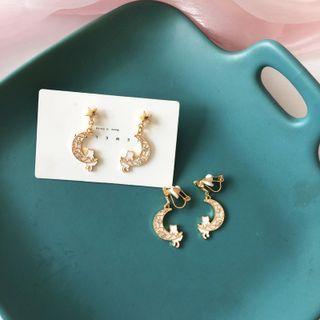 Cat & Moon Rhinestone Alloy Dangle Earring