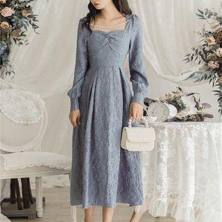 Long-sleeve Embossed Midi A-line Dress