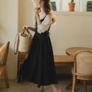 Belted Flared Long Spaghetti Strap Dress Black - One Size