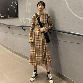 Bell-sleeve Midi A-line Plaid Dress As Shown In Figure - One Size
