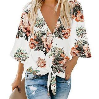 Elbow-sleeve V-neck Print Blouse