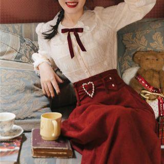 Bow Accent Lace Blouse / High Waist Midi A-line Skirt / Set