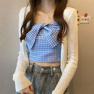 Strapless Gingham Ribbon Cropped Top / Cardigan