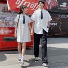 Couple Matching Short-sleeve Shirt / Half-placket Shirtdress / Straight-fit Pants