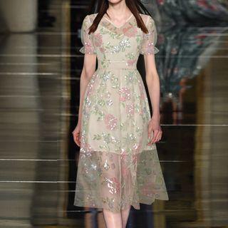 Puff-sleeve Embroidered Lace Midi A-line Dress