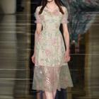 Puff-sleeve Embroidered Lace Midi A-line Dress