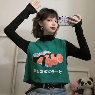 Sushi Print Cropped Vest / Mock-turtleneck Long-sleeve Top