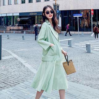 Set: Single-button Plain Blazer + Ruffle Midi Skirt + Sleeveless V-neck Top