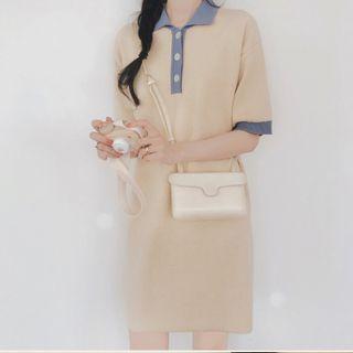 Elbow-sleeve Knit Mini Polo Dress