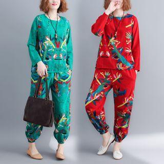 Set: Long-sleeve Floral Print Top + Printed Harem Pants