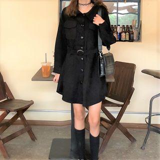 Long-sleeve Buckled Mini A-line Shirt Dress Camel - One Size