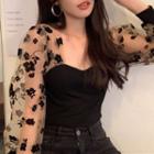 Puff-sleeve Floral Mesh Top