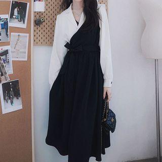Long-sleeve Two-tone Tie-waist Midi A-line Dress