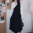 Long-sleeve Two-tone Tie-waist Midi A-line Dress