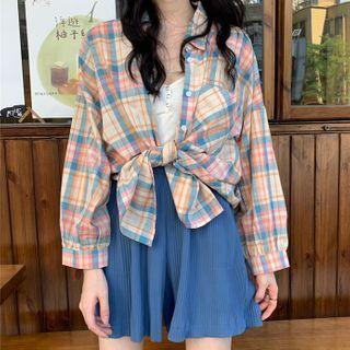 Plaid Long Sleeve Shirt / Wide Leg Shorts
