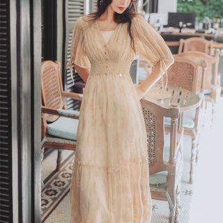 Puff-sleeve Smock-waist Lace Maxi Dress