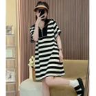 Elbow-sleeve Half-zip Striped Mini A-line Dress