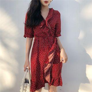 Dotted Short-sleeve Ruffle Trim Dress