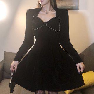 Long-sleeve Rhinestone Bow Mini Dress