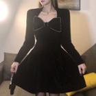 Long-sleeve Rhinestone Bow Mini Dress