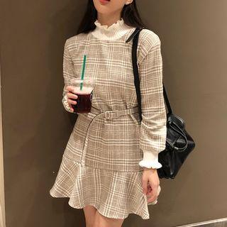 Ruffle Trim Long-sleeve Plaid A-line Dress