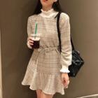 Ruffle Trim Long-sleeve Plaid A-line Dress