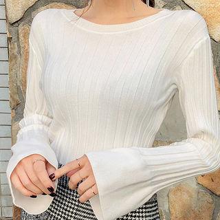 Round-neck Bell-sleeve Rib-knit Top