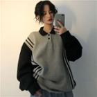 Collared Contrast-trim Two-tone Sweatshirt Gray - One Size