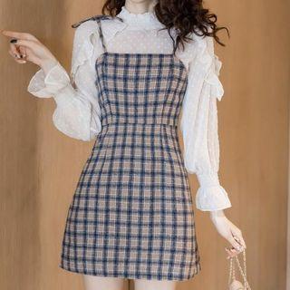 Set: Long-sleeve Blouse + Spaghetti Strap Plaid Mini A-line Dress