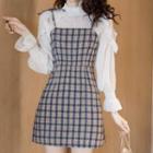 Set: Long-sleeve Blouse + Spaghetti Strap Plaid Mini A-line Dress