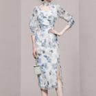 Asymmetrical Puff-sleeve Floral Print Sheath Dress