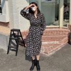 Long-sleeve Floral Print Midi Dress Floral - Navy Blue - One Size