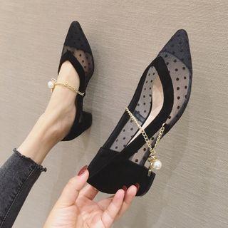 Pointy-toe Chain Strap Chunky-heel Mesh Pumps