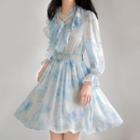 Puff-sleeve Tie-dyed Ruffled A-line Dress