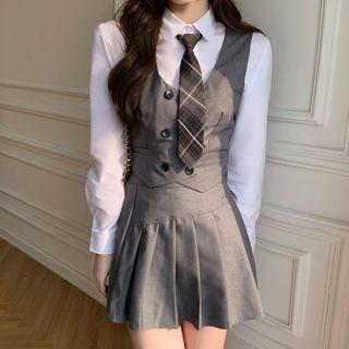Plain Shirt / Double-breasted Vest / Mini Pleated Skirt / Plaid Tie
