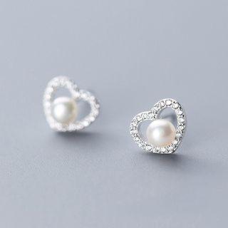 925 Sterling Silver Rhinestone Heart Faux Pearl Earring 1 Pair - S925 - Earring - Silver - One Size