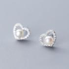 925 Sterling Silver Rhinestone Heart Faux Pearl Earring 1 Pair - S925 - Earring - Silver - One Size