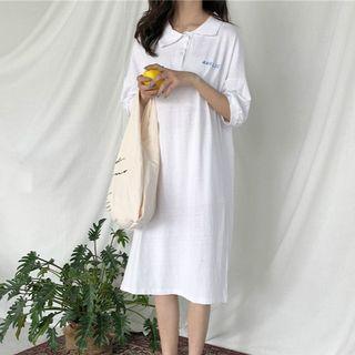 Lettering Elbow-sleeve Midi Polo Dress