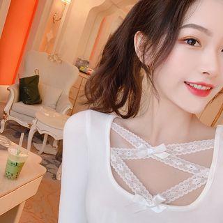 Lace Square-neck Long-sleeve Slim-fit Top / Lace Skirt