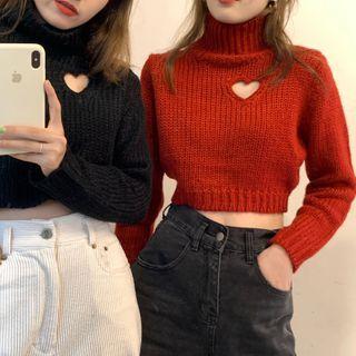 Turtleneck Heart Cutout Knit Top