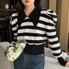 Long-sleeve Collared Striped Knit Top Stripes - Black & White - One Size